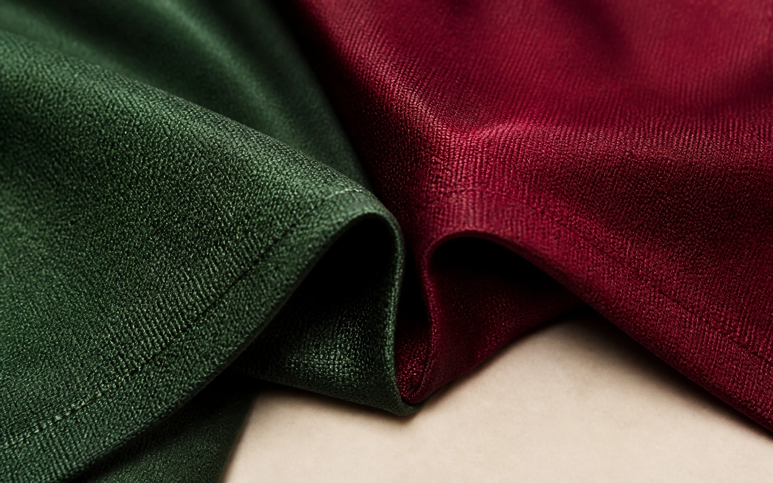 Close-up of matching green and red woven fabric showing preserved texture and folds
