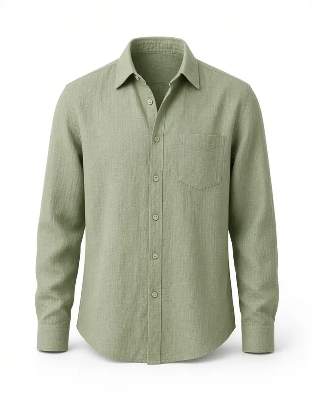 Sage-green linen shirt shown as a ghost mannequin product photo