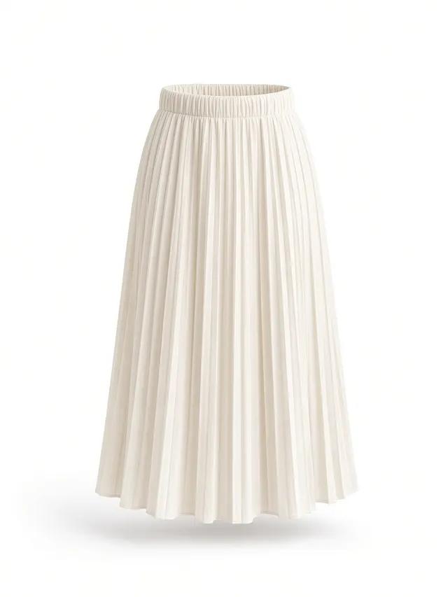 Ivory pleated midi skirt shown as a ghost mannequin product photo