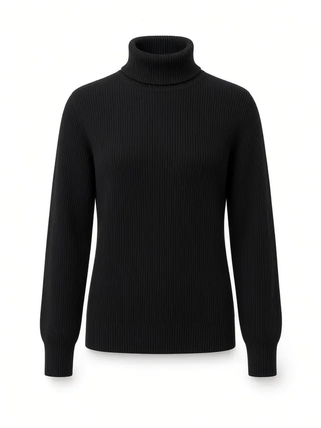 Black ribbed turtleneck sweater shown as a ghost mannequin product photo