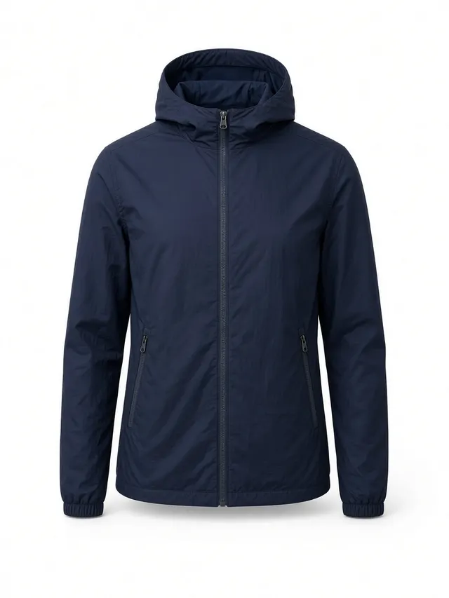 Navy windbreaker jacket shown as a ghost mannequin product photo