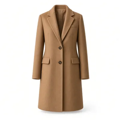 Ghost mannequin product photo of the same camel wool overcoat on a white studio background
