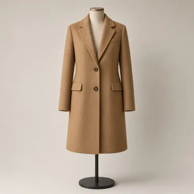 Camel wool overcoat on a mannequin before ghost mannequin processing
