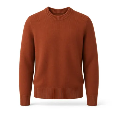 Ghost mannequin product photo of the same rust-red sweater on a white background