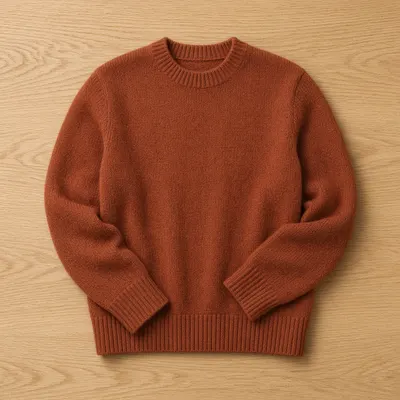Rust-red wool sweater photographed as a flat lay on a wooden table