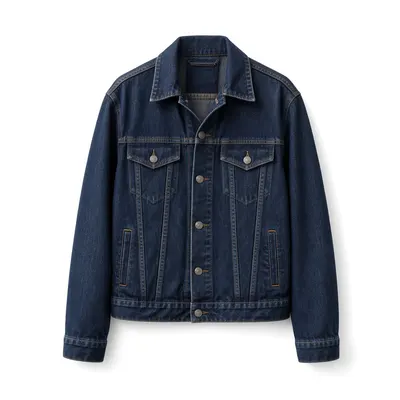 Ghost mannequin product photo of the same denim jacket on a white background