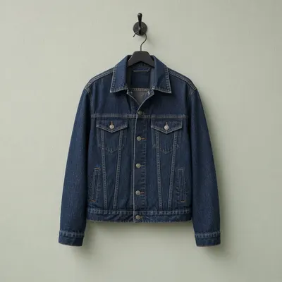 Indigo denim jacket photographed on a black hanger