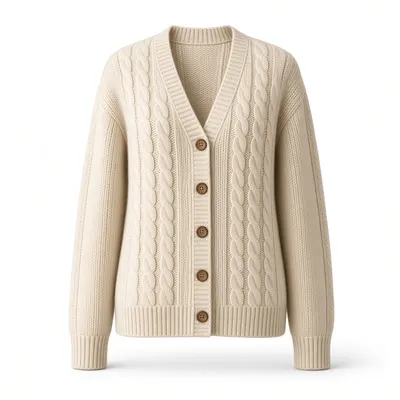 Ghost mannequin product photo of the same cream cardigan on a white background