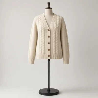 Cream cable-knit cardigan photographed on a dress-form mannequin