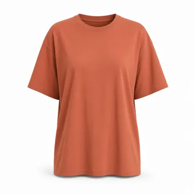 Ghost mannequin product photo of the same terracotta t-shirt on a white background