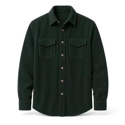 Ghost mannequin product photo of the same corduroy shirt on a white studio background