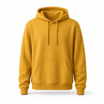 Ghost mannequin product photo of the same mustard hoodie on a white studio background