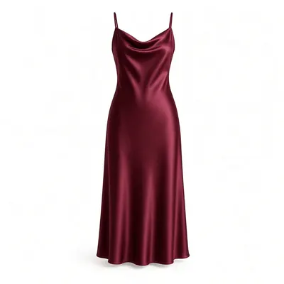 Ghost mannequin product photo of the same satin slip dress on a white studio background