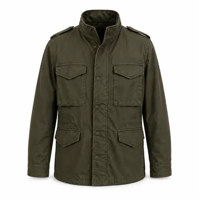 Ghost mannequin product photo of the same olive field jacket on a white studio background