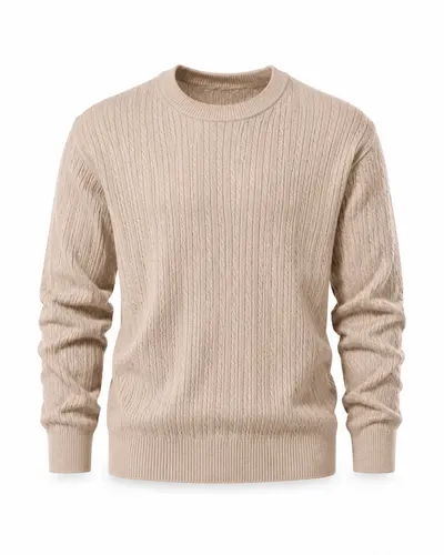 Ghost mannequin product photo of the same cable-knit sweater on a white studio background