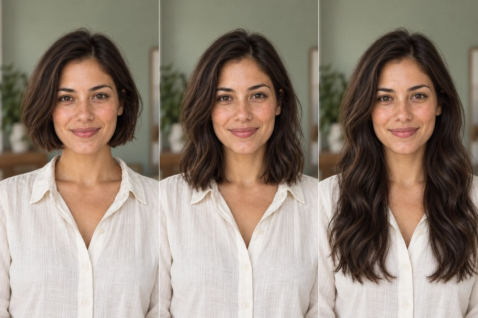 AI illustration of the same woman with chin-length, shoulder-length and chest-length brown hair