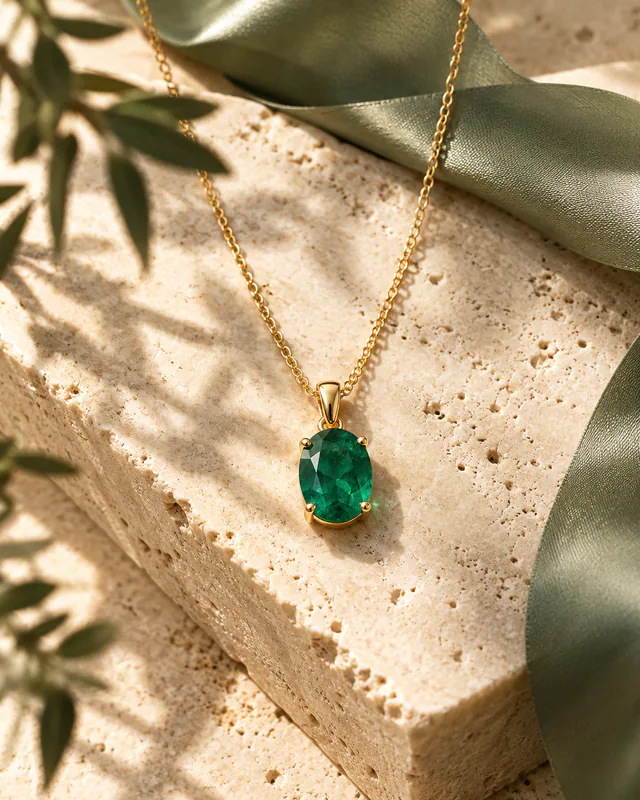 An emerald pendant necklace on ivory travertine with sage silk and botanical shadows