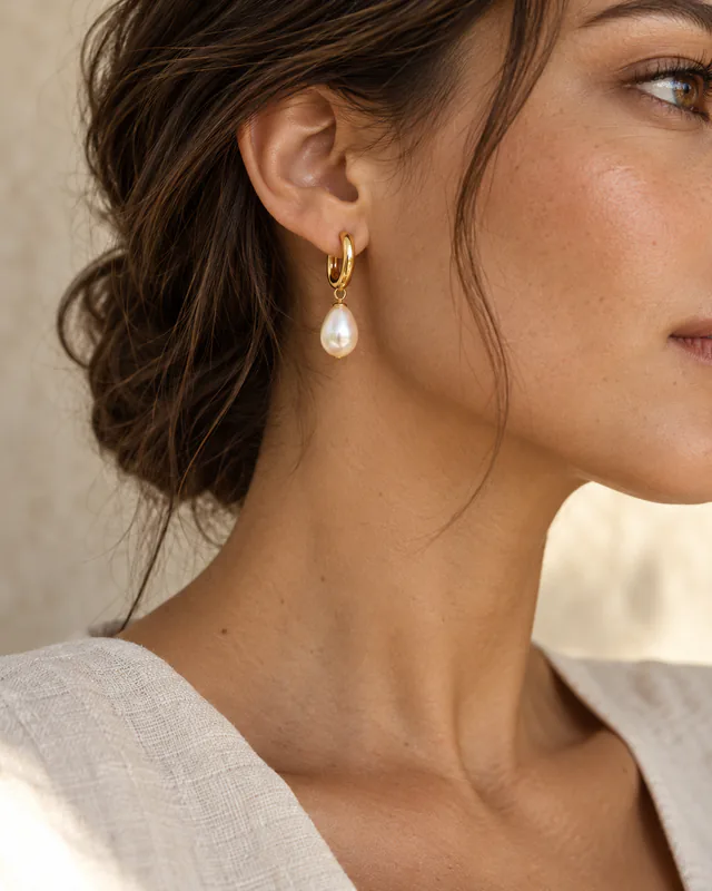 A sculptural gold hoop with a pearl drop worn on a model’s ear