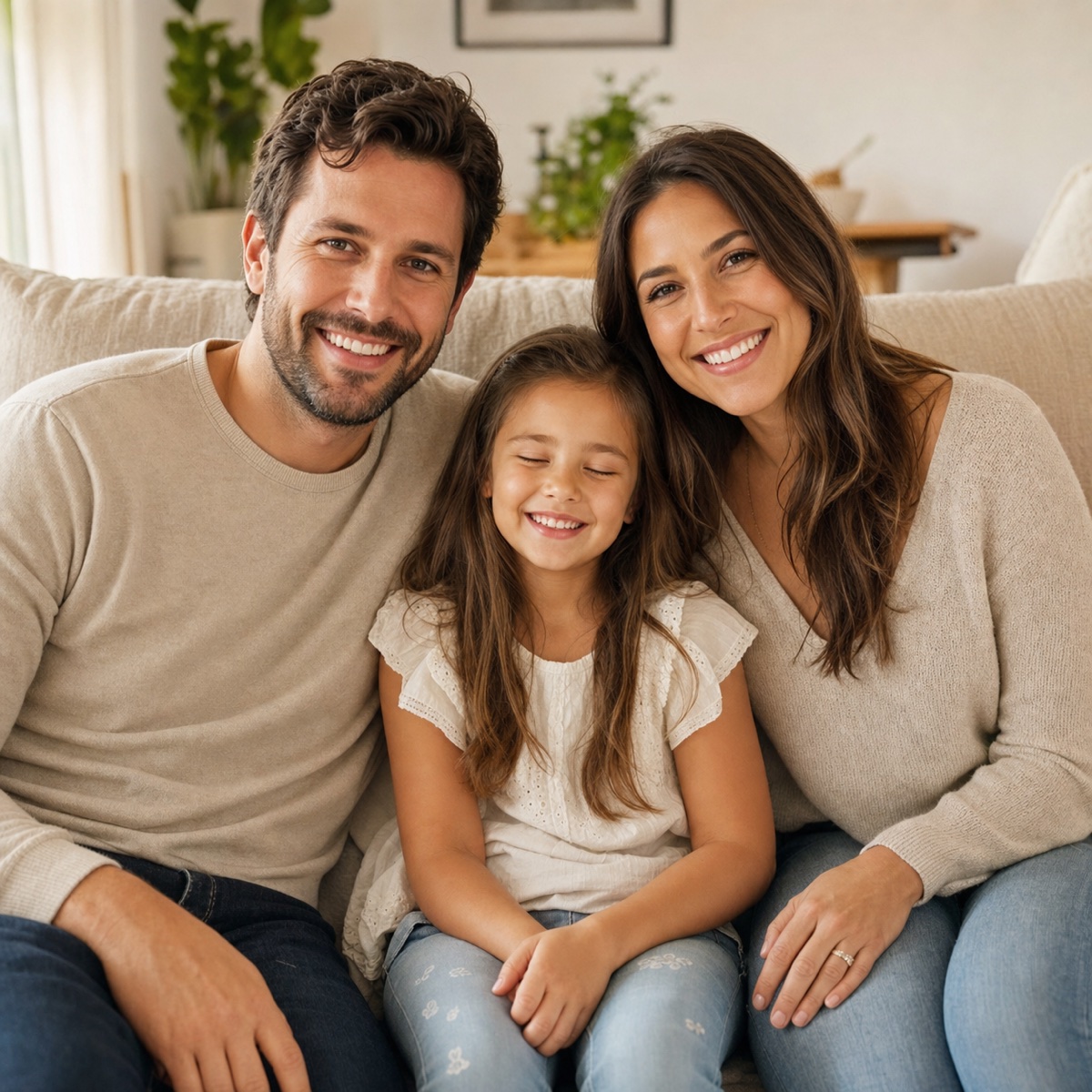 Family photo with a child blinking before AI correction
