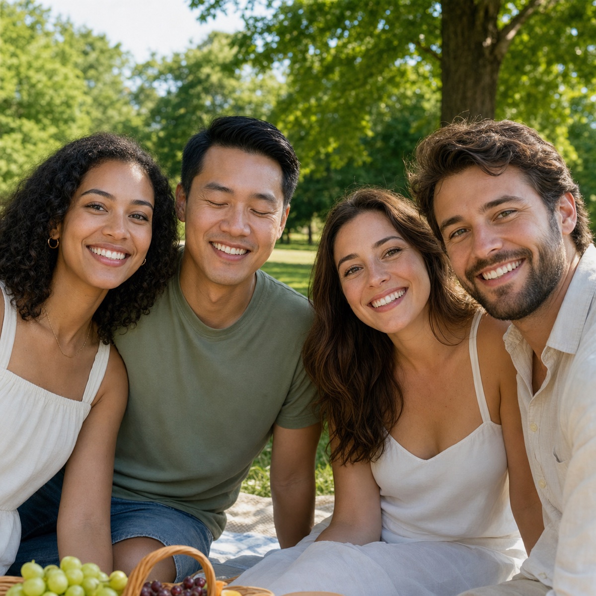 Group photo with one person blinking before AI correction