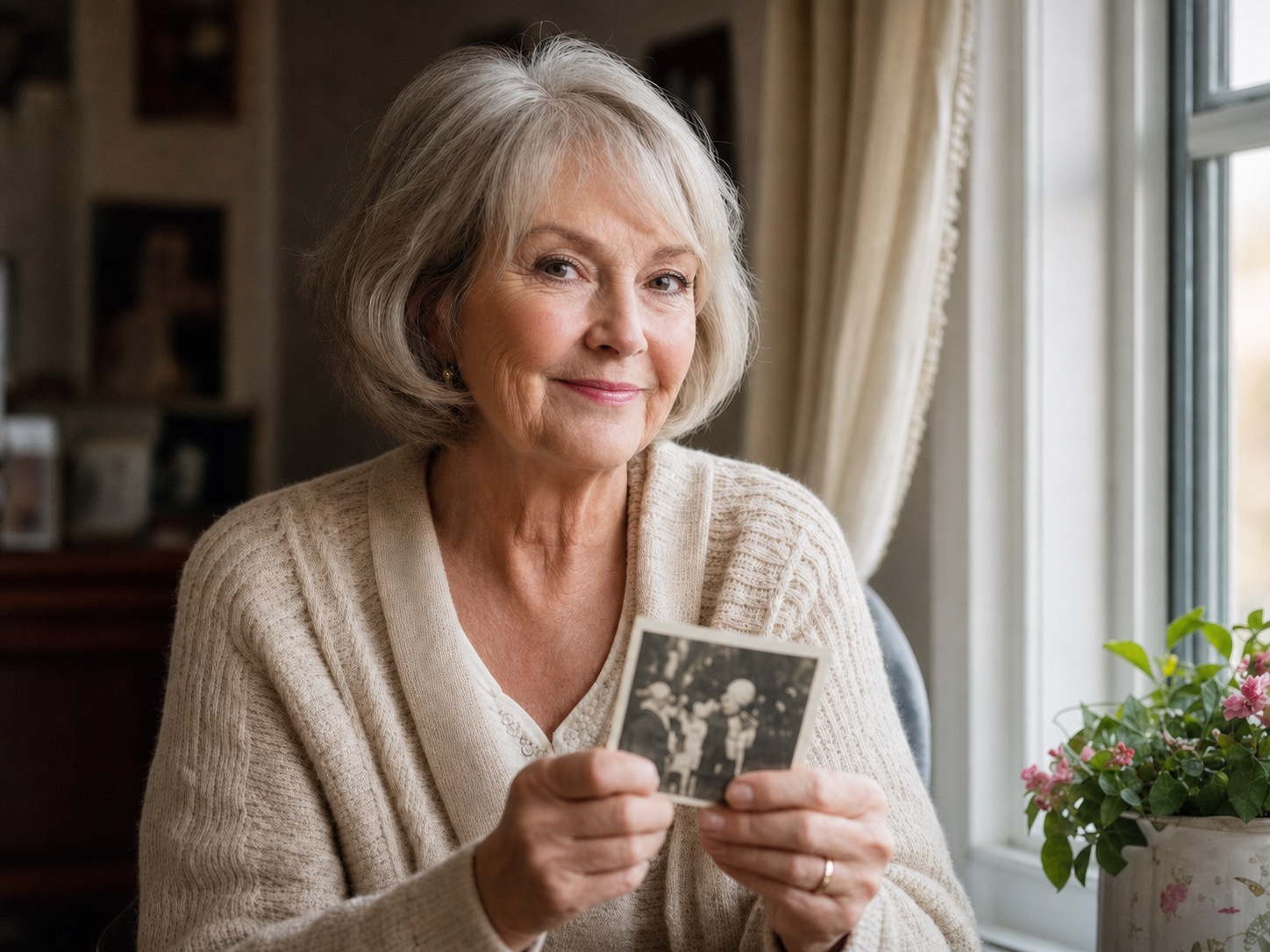 Same older woman with naturally opened eyes after AI correction