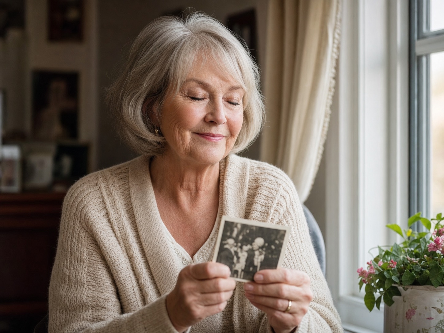 Older woman holding a keepsake with closed eyes before AI correction